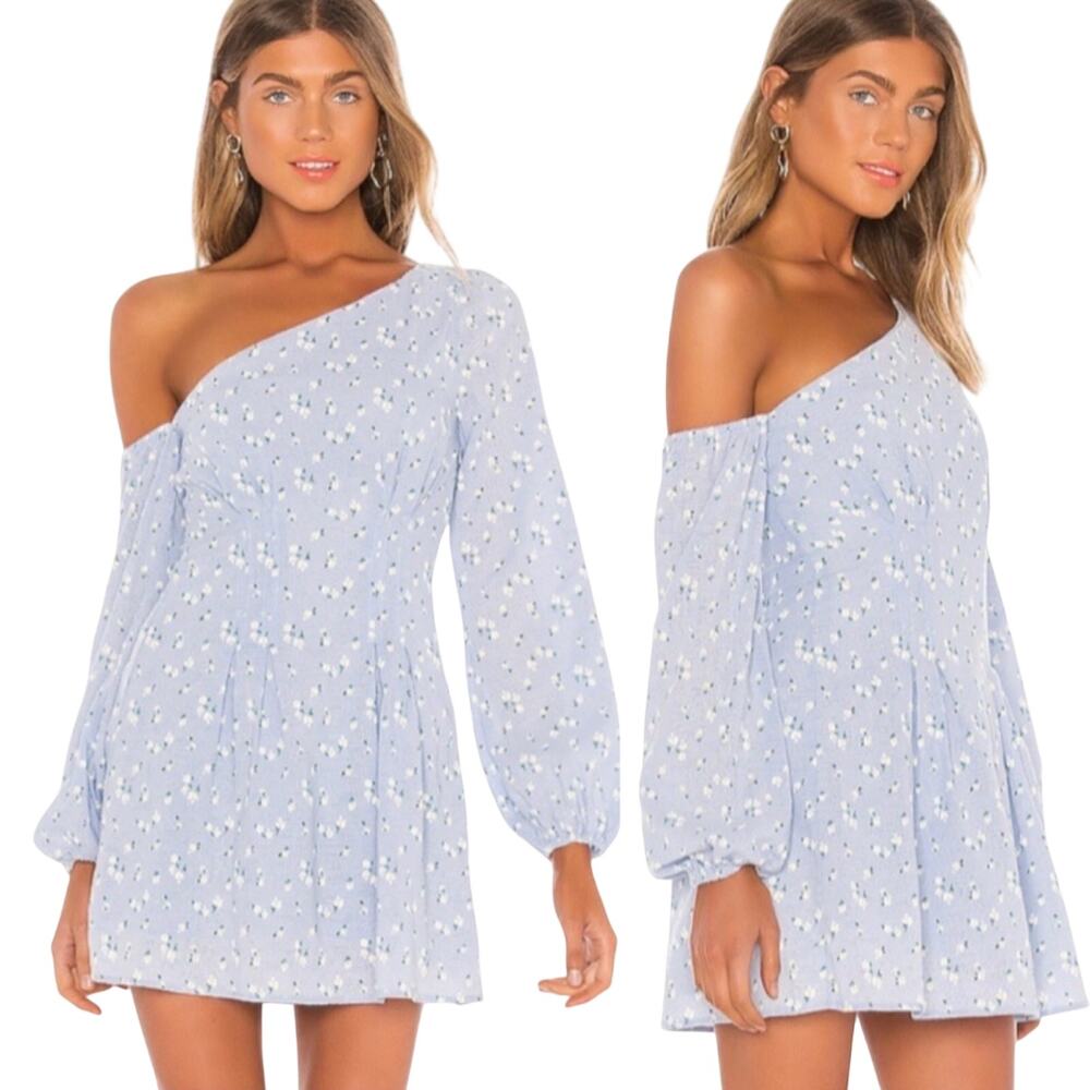 Majorelle Mandy Mini Dress Ditsy Floral Print Asymmetric Off Shoulder Light Blue